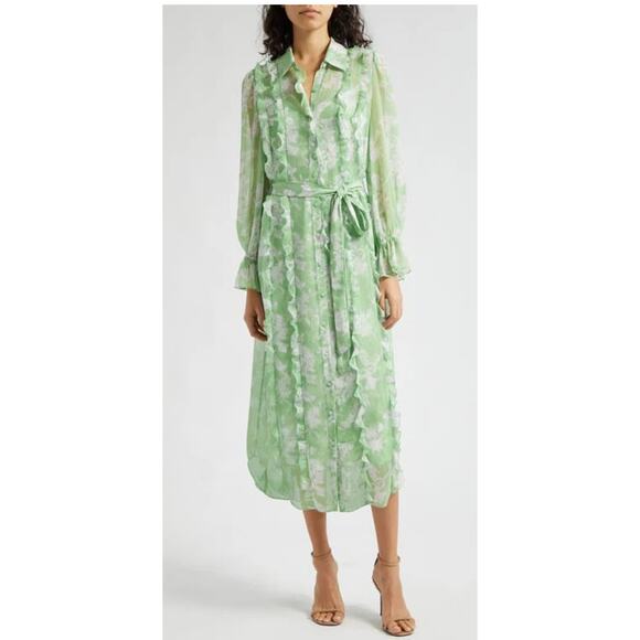 Cinq a Sept Estelle Green Floral Print Long Sleeve Ruffle Maxi Dress 4 - Picture 1 of 8